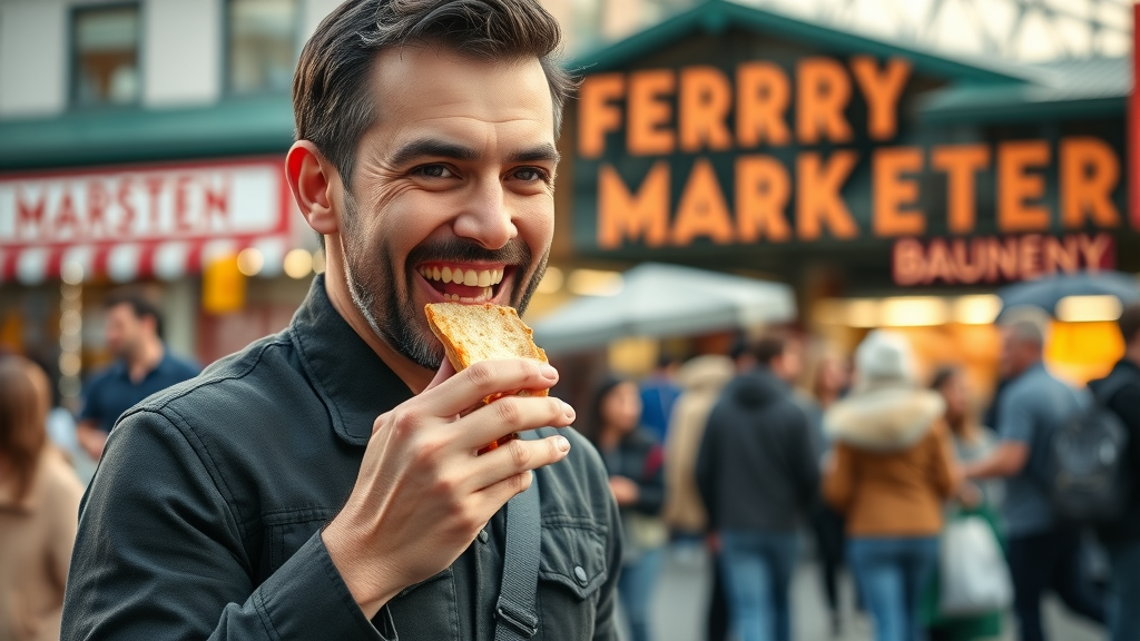 san francisco content creator enjoying street food at Ferry Building marketplace