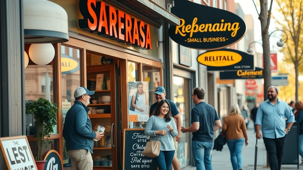 inspirational small business storefront, happy customers entering, vibrant main street with local signage, local content marketing
