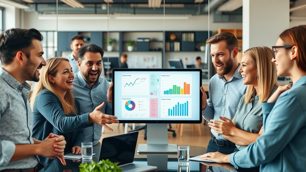 creative content production group of marketers collaborating around digital screens