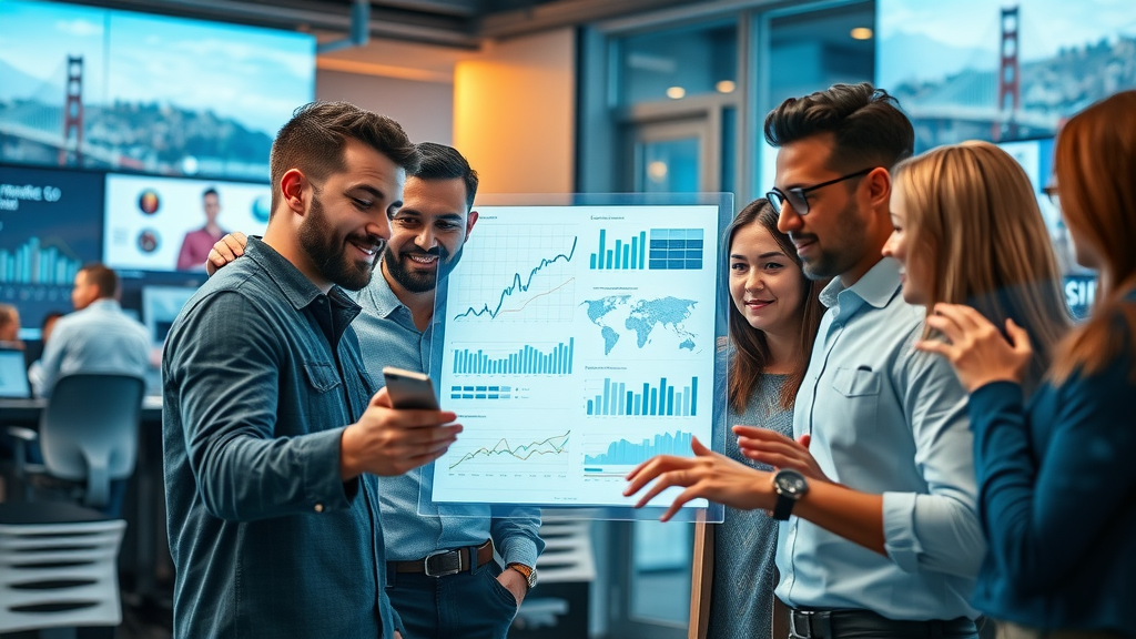 Dynamic marketing storyboard in content creation agencies sf workspace, digital screens showing San Francisco icons, focusing on social media marketing and SEO.