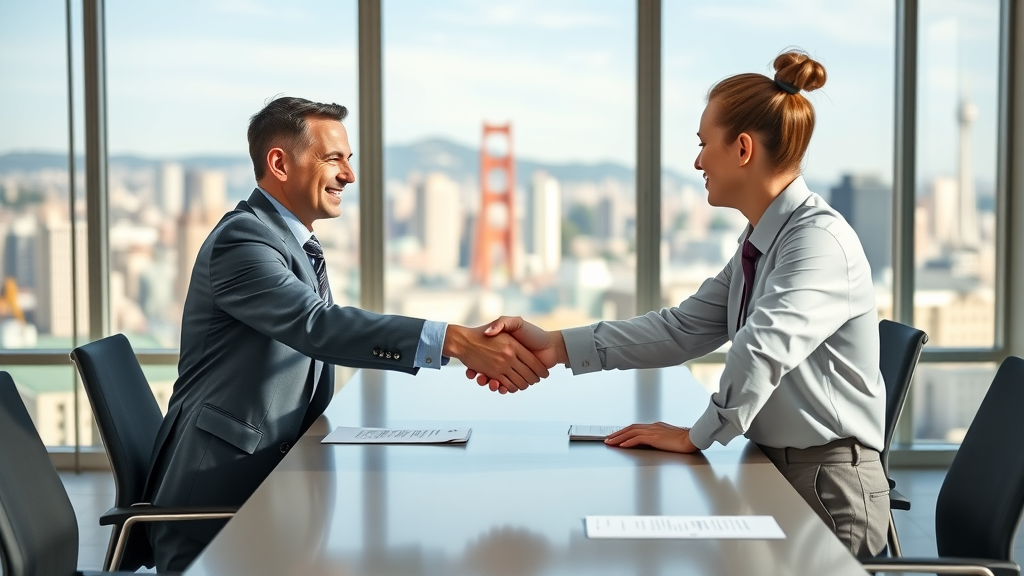 Business and agency partner shaking hands, representing successful partnership with content creation agencies sf in San Francisco.