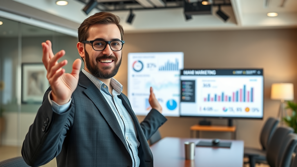 marketing executive presenting campaign results in San Francisco conference room