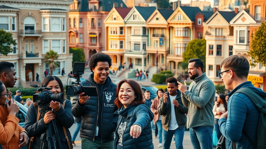 sf content creators filming and photographing on Lombard Street, San Francisco cityscape