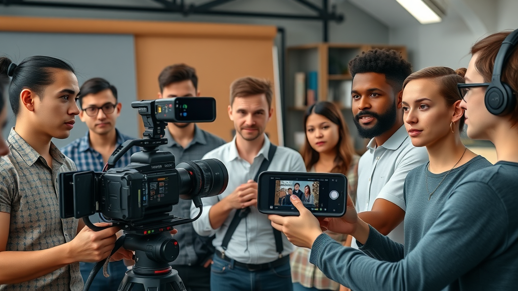 video production in creative content studio with filming team