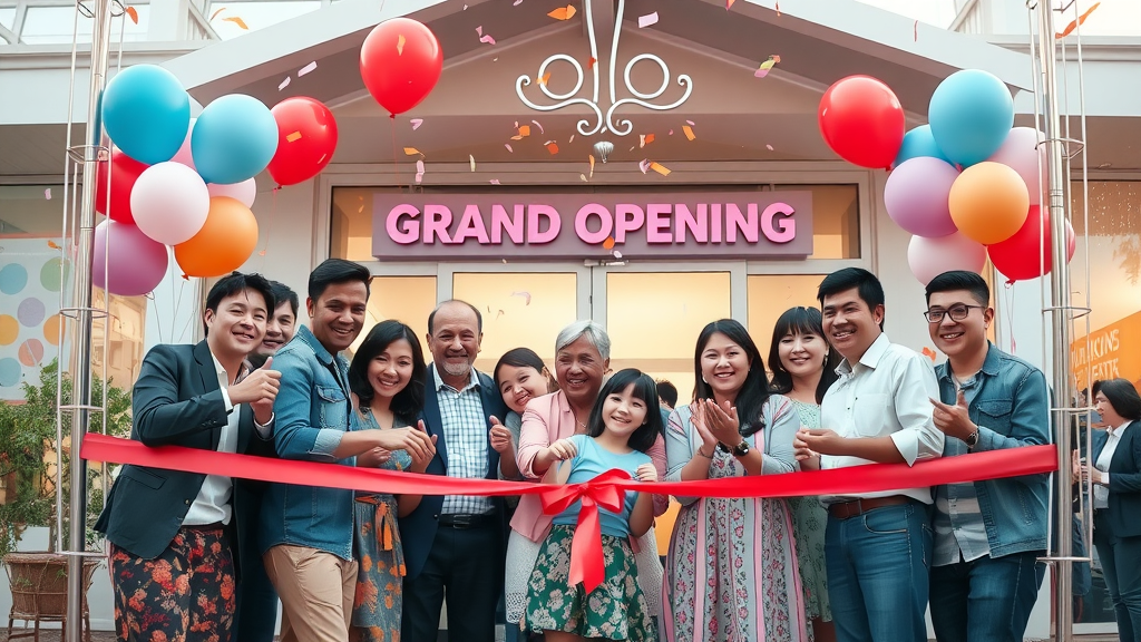joyful group at a grand opening, local event, ribbon cutting, local business