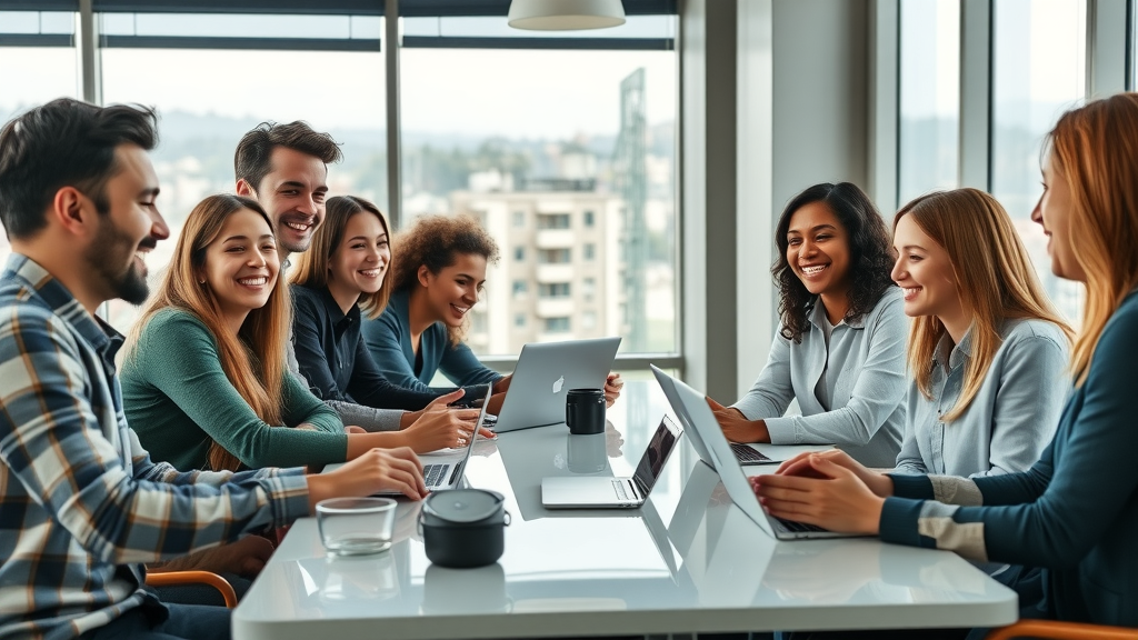 content creators san francisco brainstorming in modern office, San Francisco skyline in background