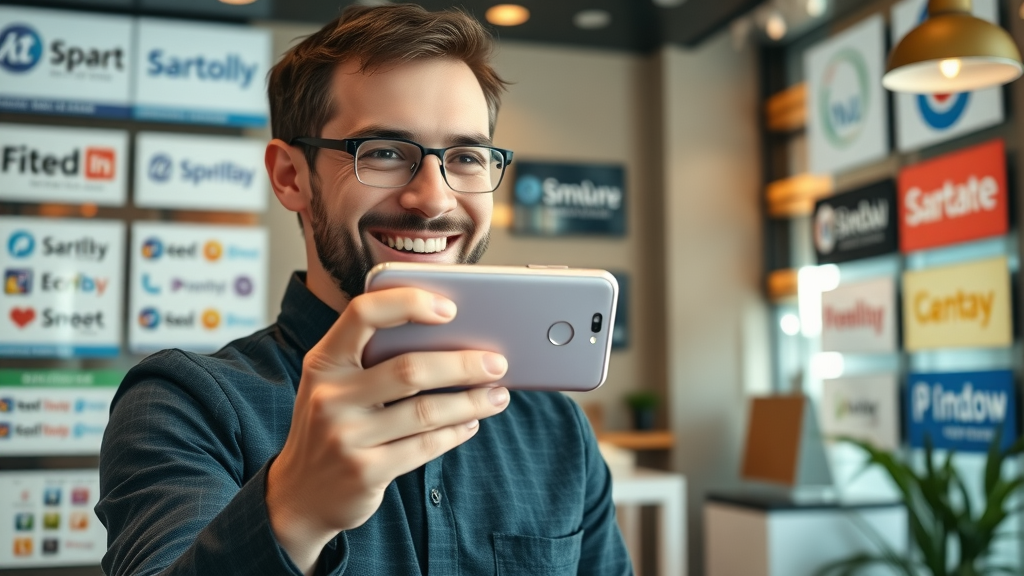 young business owner creating a social media story, local business branding