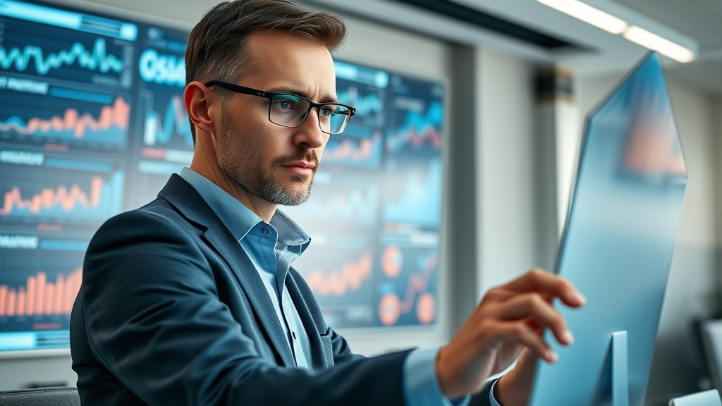 AI-powered marketing interface showing analytics dashboard and focused manager reviewing data visualizations