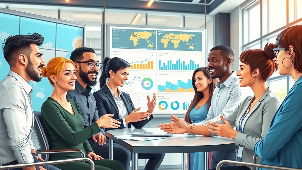 AI marketing team collaborating in a modern workspace, using analytics screens and charts for better targeting and efficiency