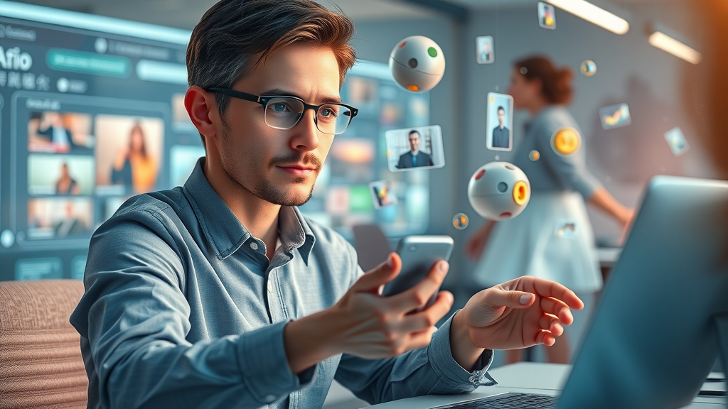 AI-powered content creation workspace - creative specialist using generative AI to design personalized ads in a digital environment