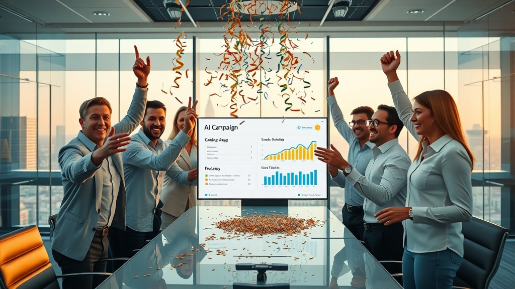 Business team celebrating marketing campaign success with AI dashboard showing positive metrics in a sleek boardroom