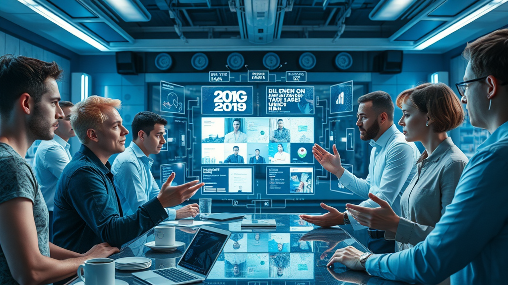 Innovative content lab with creative professionals brainstorming using generative AI for video, text, and image content