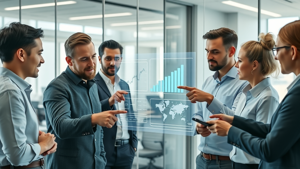 Futuristic marketing team in a glass-walled meeting room discussing AI-powered strategy with holographic charts
