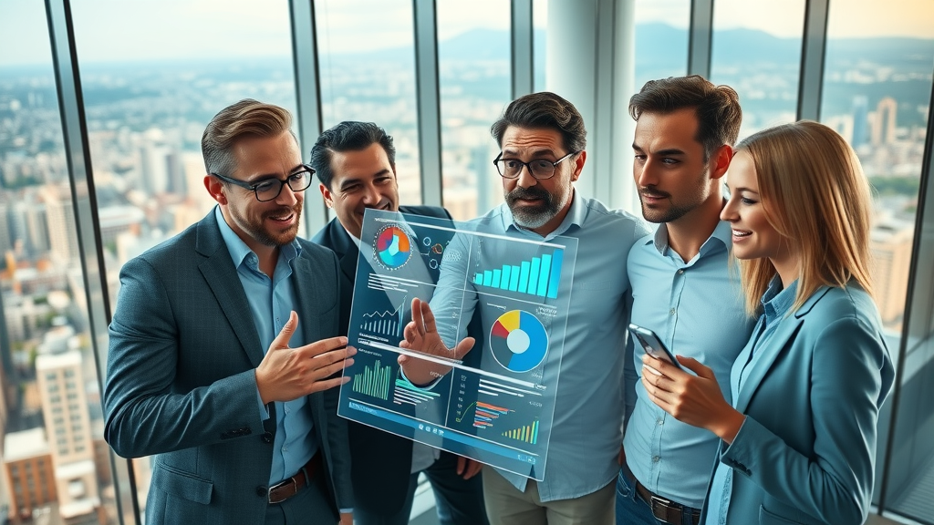 Dynamic marketing team analyzing AI marketing dashboards for ai in marketing benefits, sleek modern office