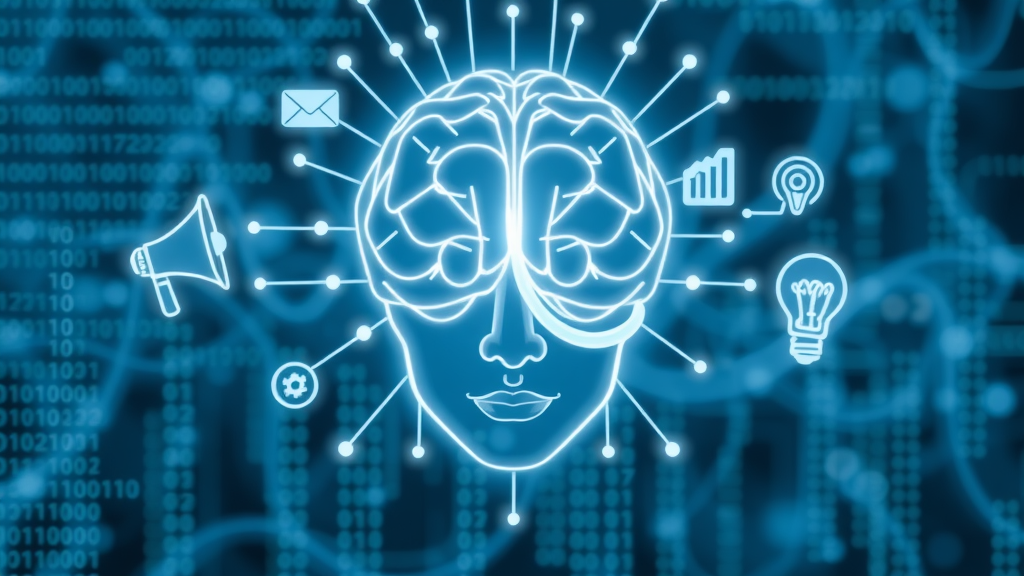 AI brain icon and marketing icons connected for ai in marketing benefits, digital data streams