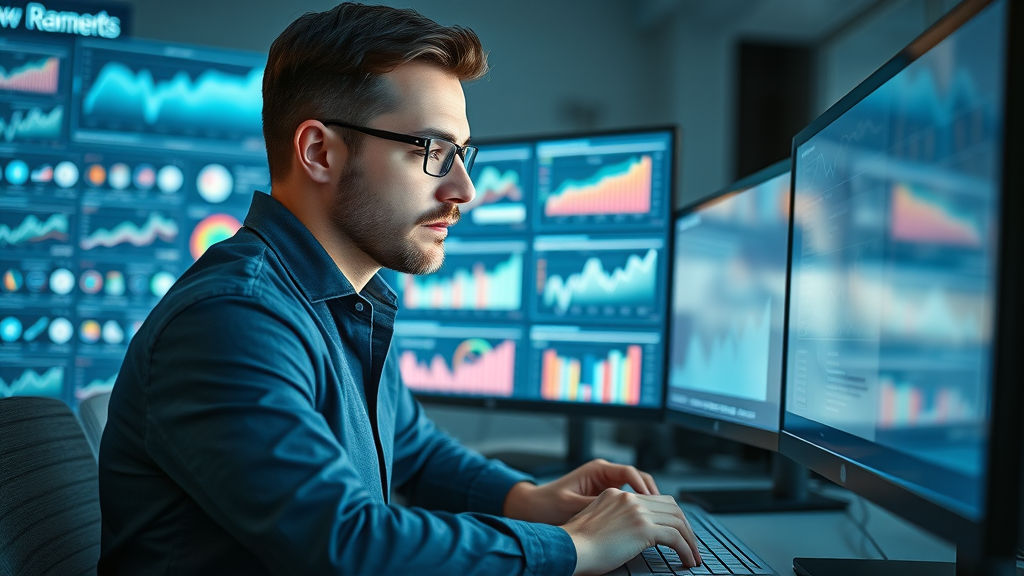 Marketer viewing predictive analytics dashboard for ai in marketing benefits, digital trend mapping