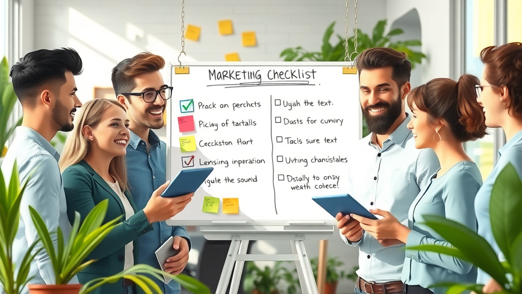 Marketing team creating AI marketing campaign checklist for ai in marketing benefits, startup office