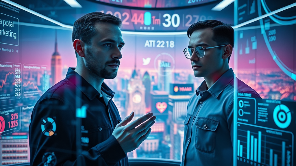 Futuristic AI integrations and holographic marketing trends for ai in marketing benefits, cityscape background