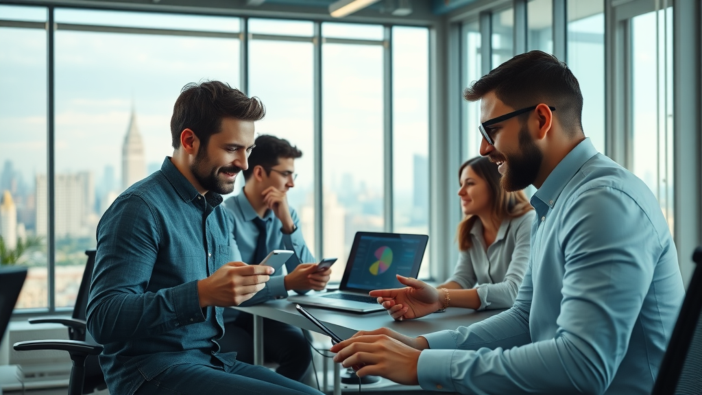 digital marketing team using AI tools for marketing strategies in a modern high-tech office