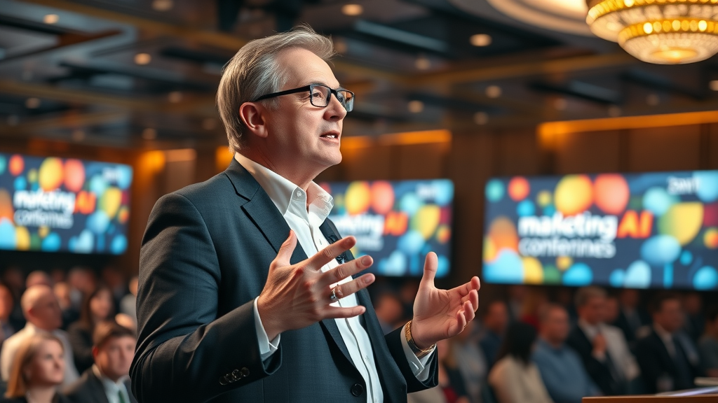 marketing industry leader sharing insights on stage about AI-powered strategies