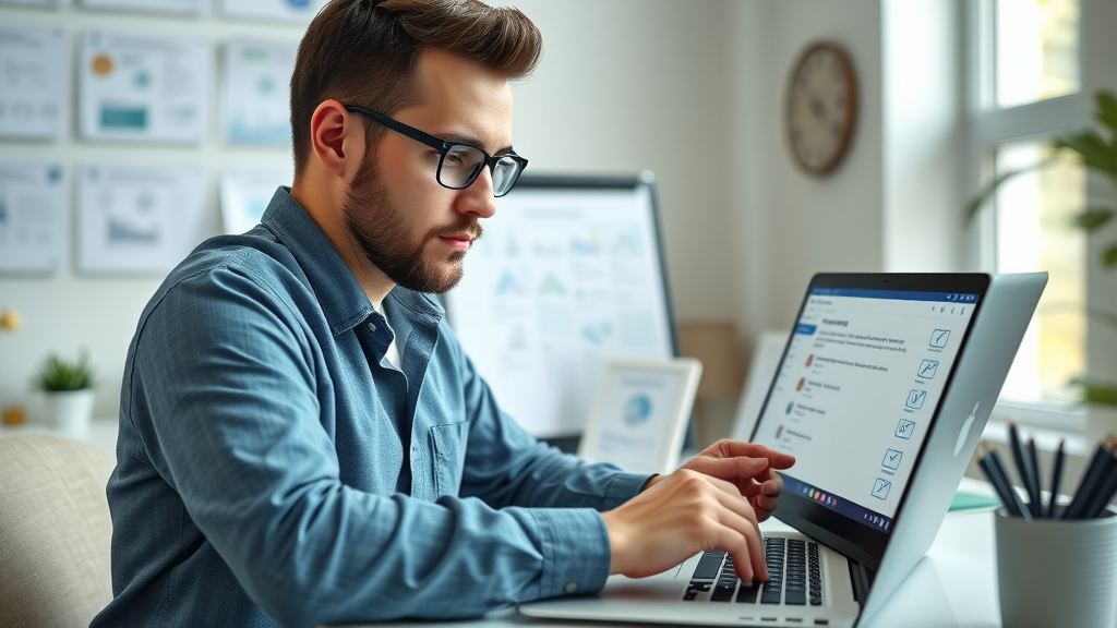 Digital marketer setting up AI tools for marketing with checklist