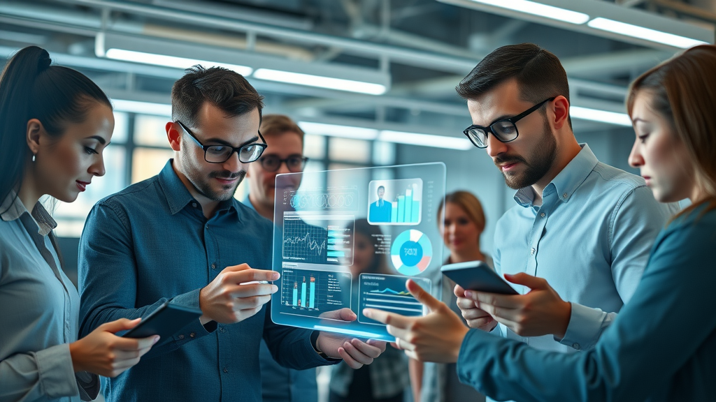 A futuristic marketing team focused around holographic data screens in a modern digital agency, illustrating the advantages of artificial intelligence marketing.