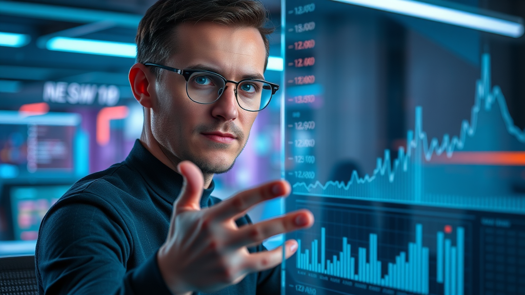 An insightful AI marketer analyzing graphs on a transparent digital display in a high-tech workspace, representing the fundamentals of artificial intelligence marketing.