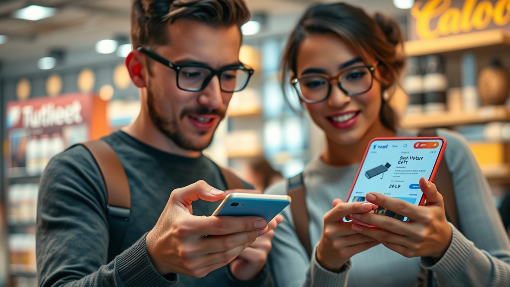 Dynamic digital consumers interacting with personalized product screens, demonstrating how artificial intelligence marketing enhances customer engagement and conversion rates.