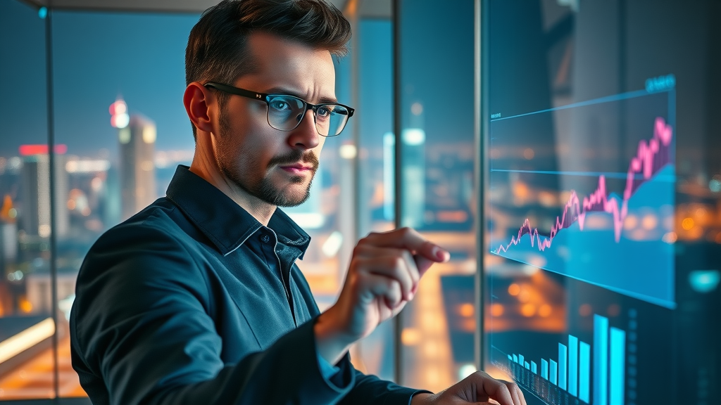 An analytical digital marketer adjusting future campaign projections on a virtual interface, exemplifying predictive analytics in AI-powered digital marketing.