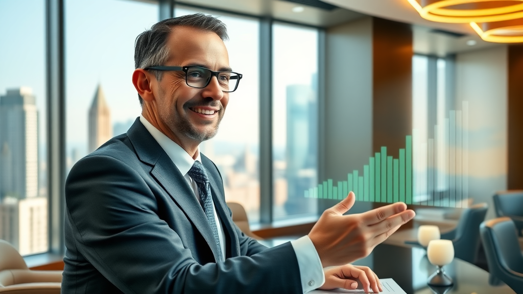 A confident business analyst reviewing rising ROI curves on an interactive dashboard, exemplifying the impact of artificial intelligence marketing on ROI.