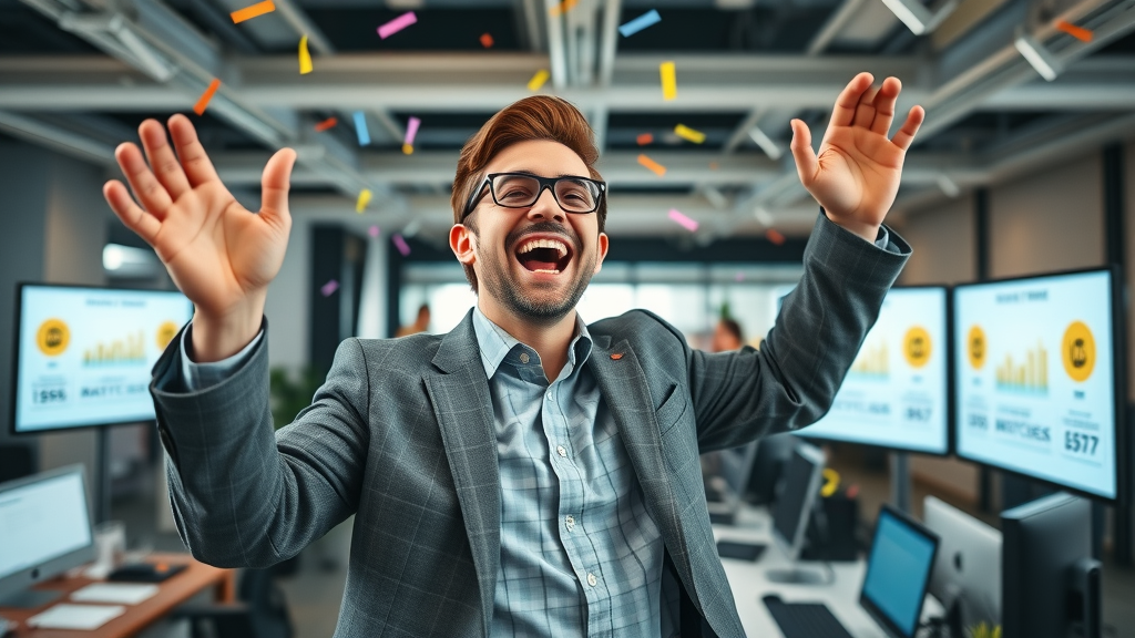 A successful marketing manager celebrating campaign digital success metrics, emphasizing the real-world ROI gains from artificial intelligence marketing.