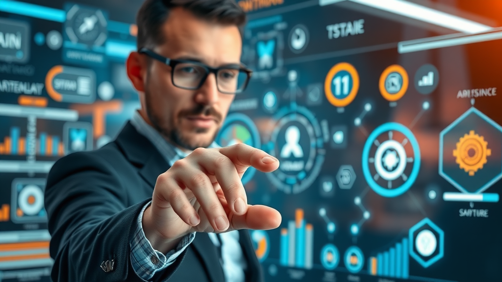 A strategic marketing consultant carefully selecting AI software on a multi-panel touch screen, visualizing the first step in implementing AI marketing tools.