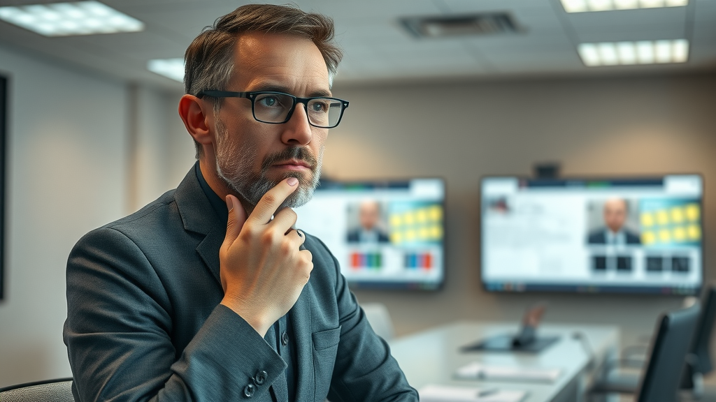 A concerned project leader planning mitigation strategies for overcoming challenges in AI implementation, underscoring responsible artificial intelligence in marketing.