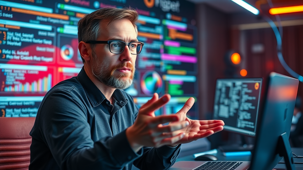 A creative marketer directing an AI-powered content brainstorming session, illustrating the future of generative AI in marketing.