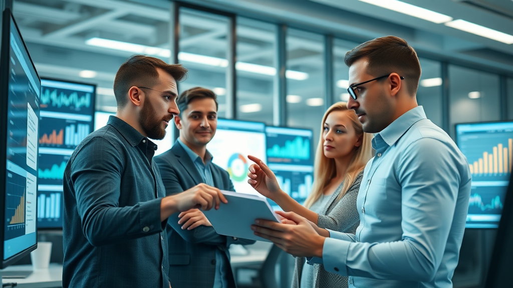 dynamic marketing team in a high-tech office analyzing digital dashboards for machine learning in marketing