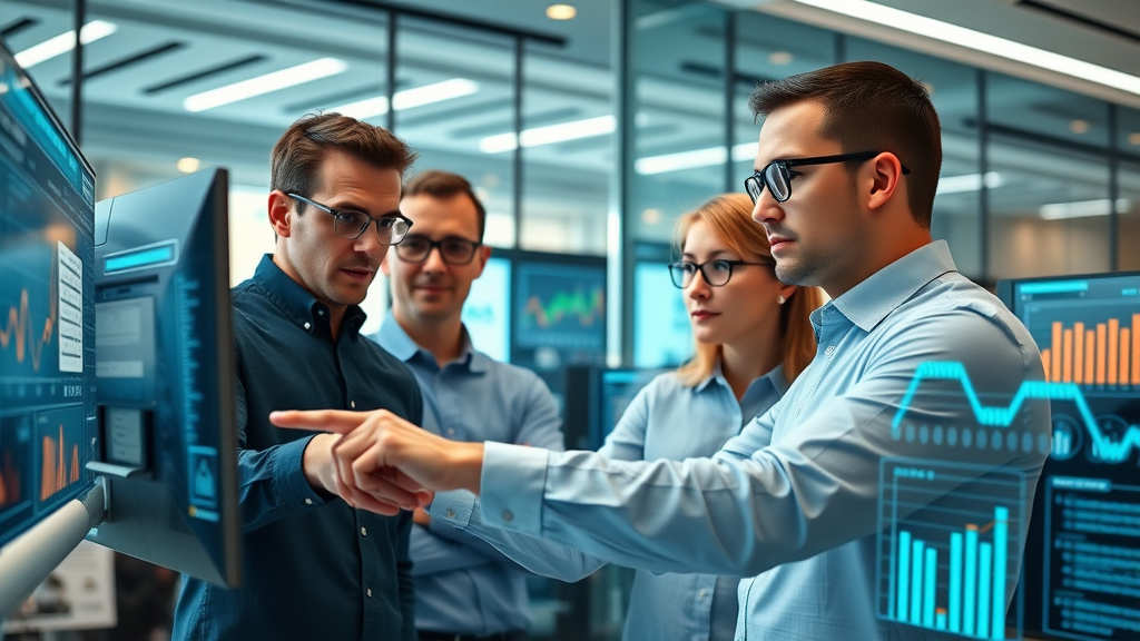 A dynamic digital marketing team analyzing data on futuristic AI-powered dashboards in a modern office, showing the collaborative use of AI-driven marketing tools.