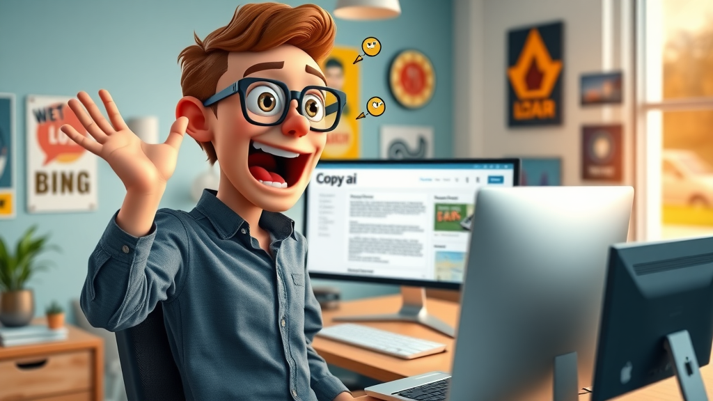 Young entrepreneur using Copy.ai to generate ad copy in a vibrant office environment, illustrating the modernization of content creation with AI marketing tools.