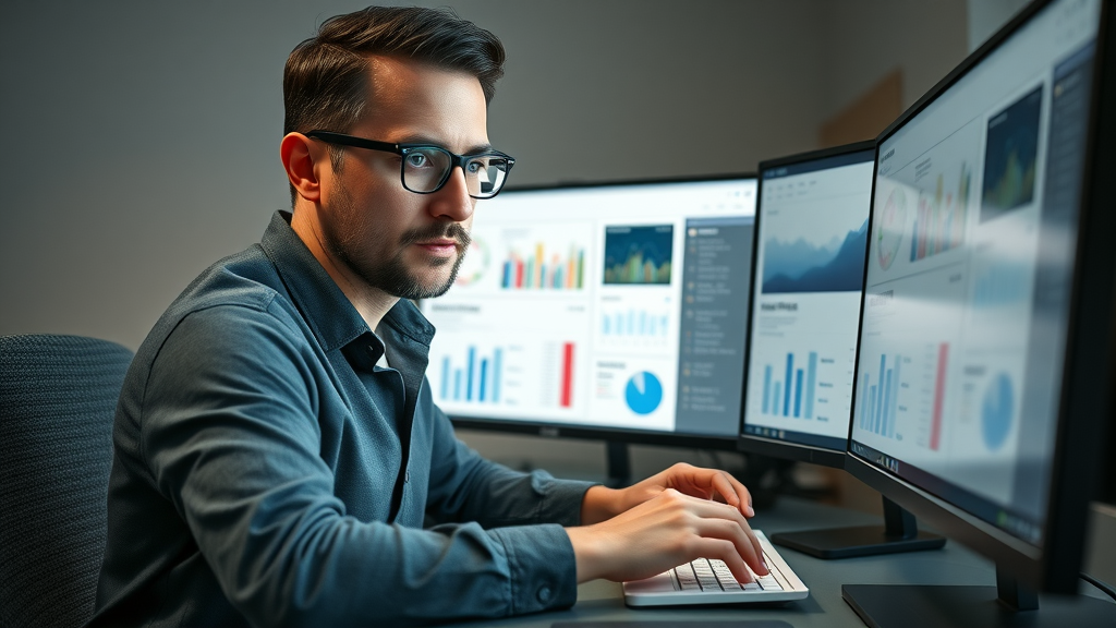 SEO specialist using SurferSEO AI for real-time keyword analysis and content optimization, demonstrating the use of AI-driven marketing tools for SEO.