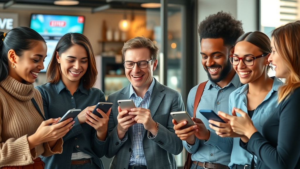 Diverse customers interacting with personalized marketing messages on devices, representing the improved customer experience achieved with AI-driven marketing tools.