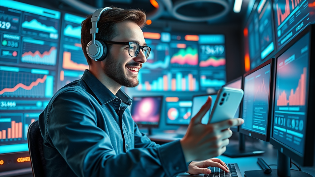 Social media manager using AI-powered analytics and chatbot assistance to manage viral campaigns, exemplifying social media mastery with AI-driven marketing tools.