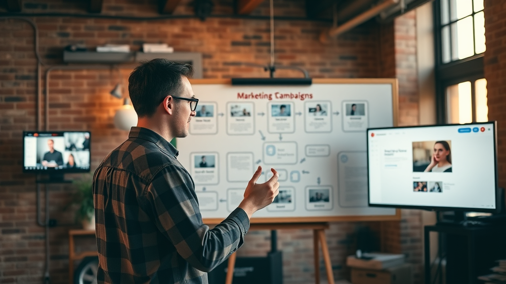 Content strategist planning a marketing campaign with AI tools on a digital whiteboard, illustrating the full content creation workflow supercharged by AI marketing tools.