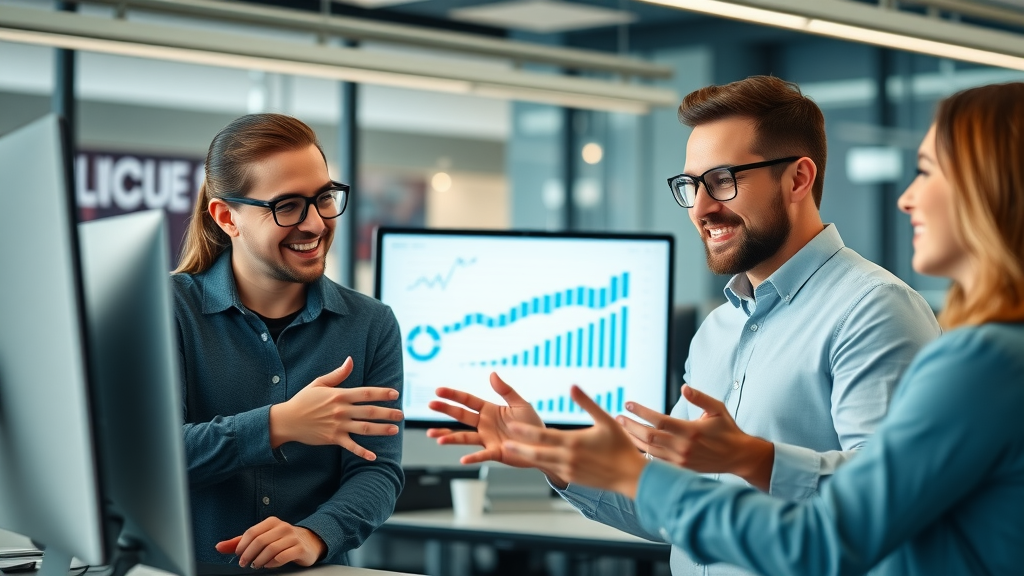 AI marketing automation team reviewing data analytics in a modern office, discussing marketing campaigns and operational cost savings.
