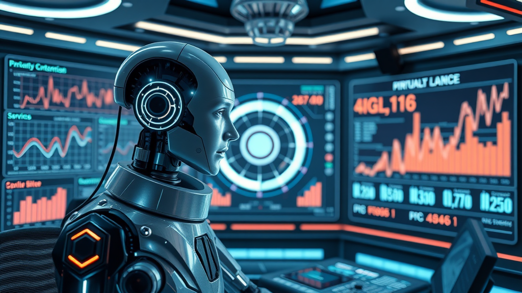 AI interface automating marketing tasks with virtual assistant and marketing graphs depicting artificial intelligence impact.