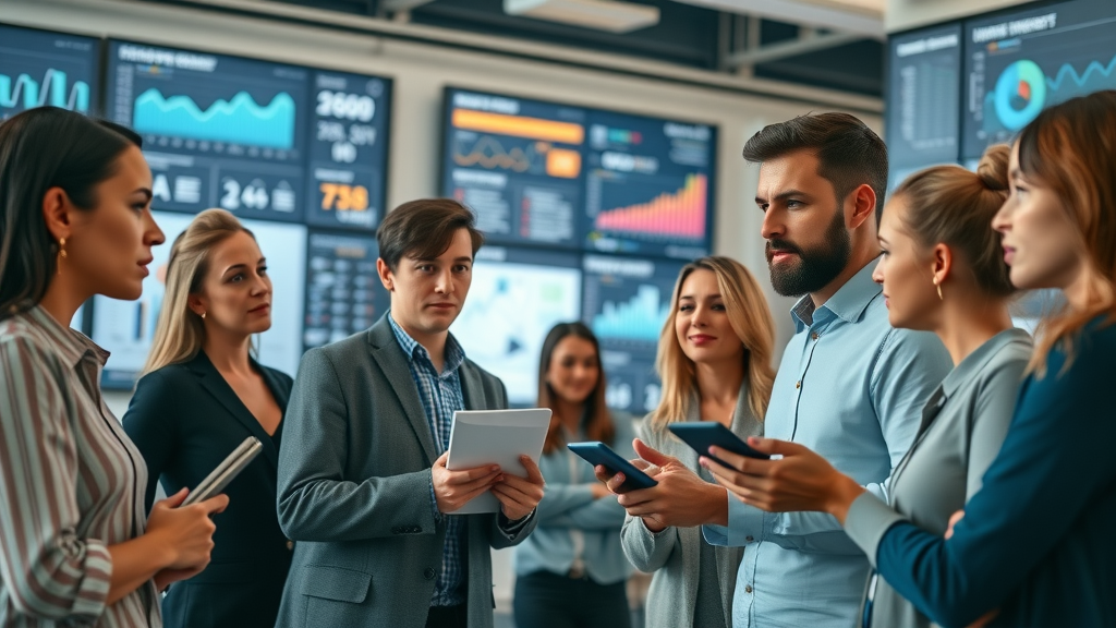 Marketing professionals collaborating on digital campaign performance using AI marketing automation dashboards.