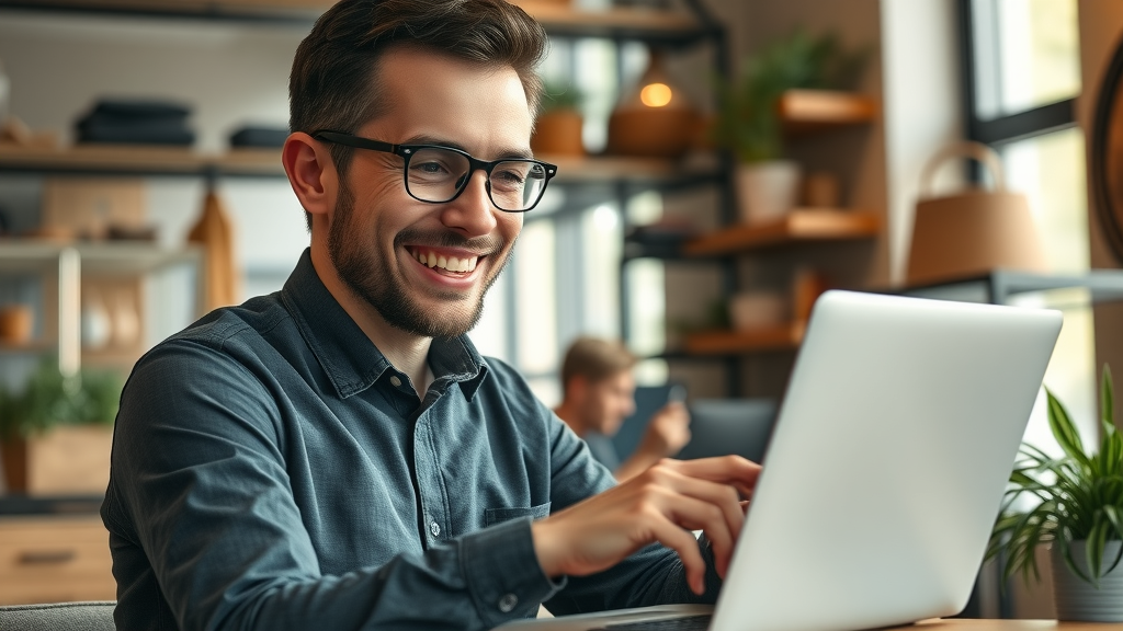 Successful small business owner reviews analytics after using AI marketing automation for sales growth.