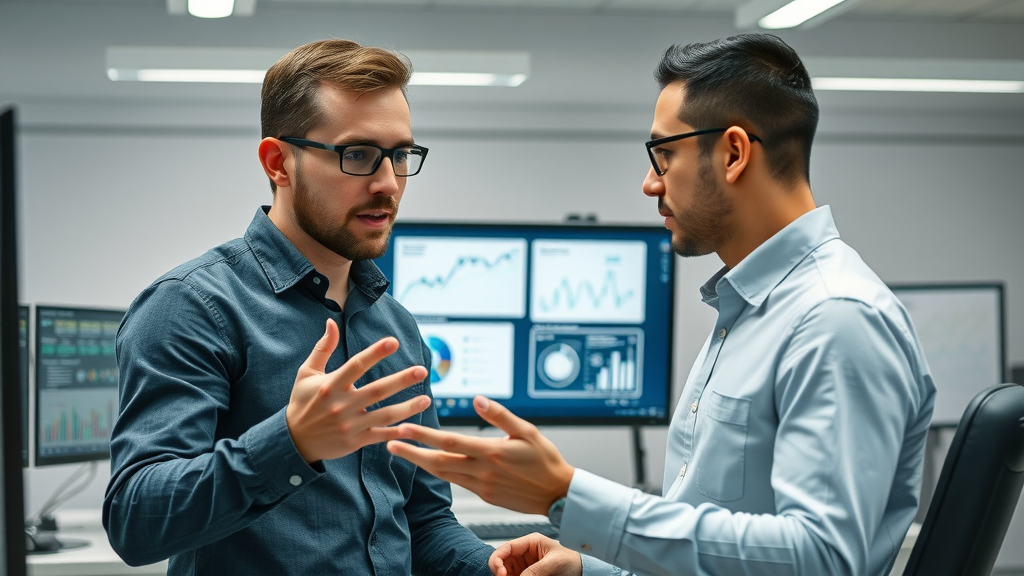IT specialist and marketer configuring AI marketing automation tools on screen in collaborative workspace.