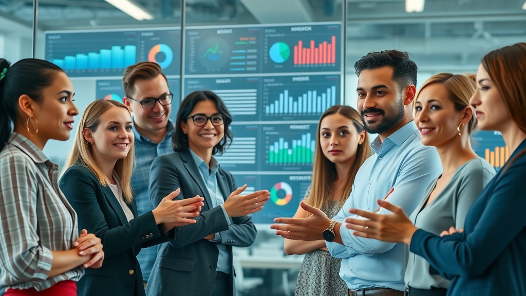 Team of marketers collaborating with AI-driven dashboard for campaign management and strategy.