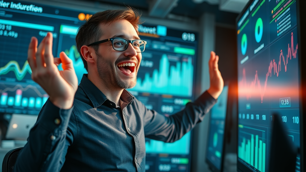 Energized digital marketer observing analytics growth on AI marketing automation dashboard.