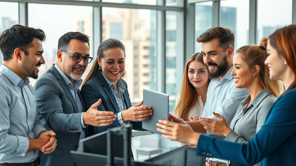 business team collaborating on personalization with AI marketing strategy in modern office with city view