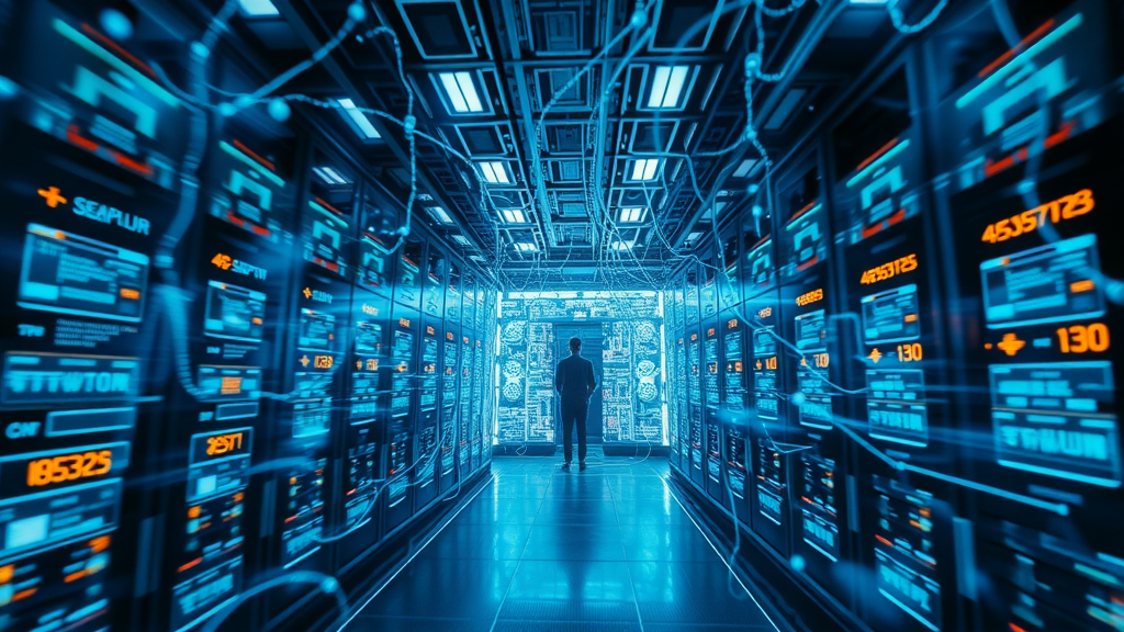 futuristic server room visualizing machine learning and AI personalization with data streams